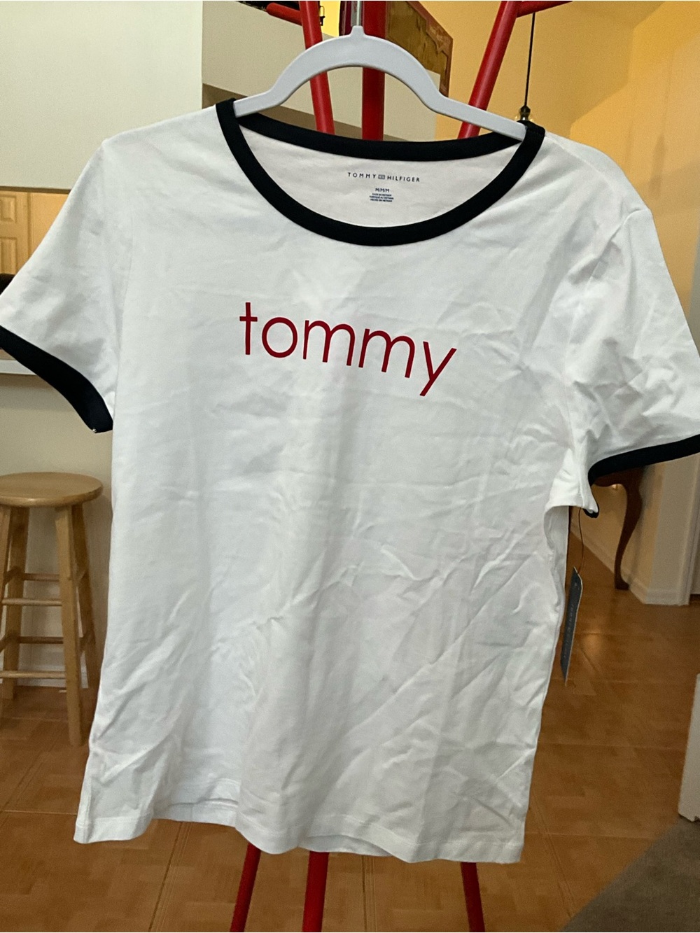 Tommy Hilfiger White Tee with Black Trim and Red 'tommy' Logo